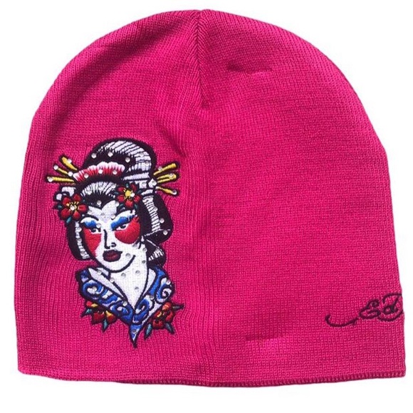 Ed Hardy Accessories - Don Ed Hardy Embellished & Embroidered Japanese Women Beanie - Hot Pink